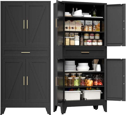 COFaR 71" Tall Metal Storage Cabinet with 4 Doors and 4 Adjustable Shelves, 6-Tier Farmhouse Storage Cabinet with Drawers and Legs, for Office, Home, Garage, Gym, School, Living Room, Hallway（Black）