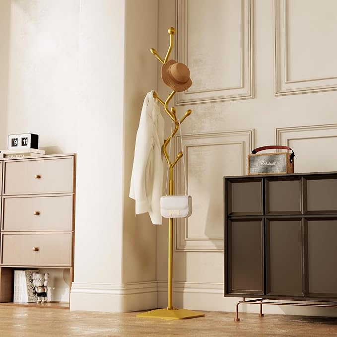 Tree-shaped coat rack stand,Metal coat tree with 8 Hooks and sturdy cast iron base,Heavy Duty coat rack freestanding coat hanger stand for Clothes Hats Scarfs Purses (gold)