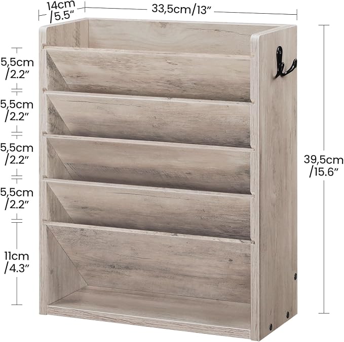 CHOEZON Wall File Organizer, 6-Tier Vertical Mount Hanging Holder with 2 Side Hooks, Modern Wooden Magazine Storage Holder with Bottom Tray, Desk Organizer, for Office, Home, Greige MWJ01FH