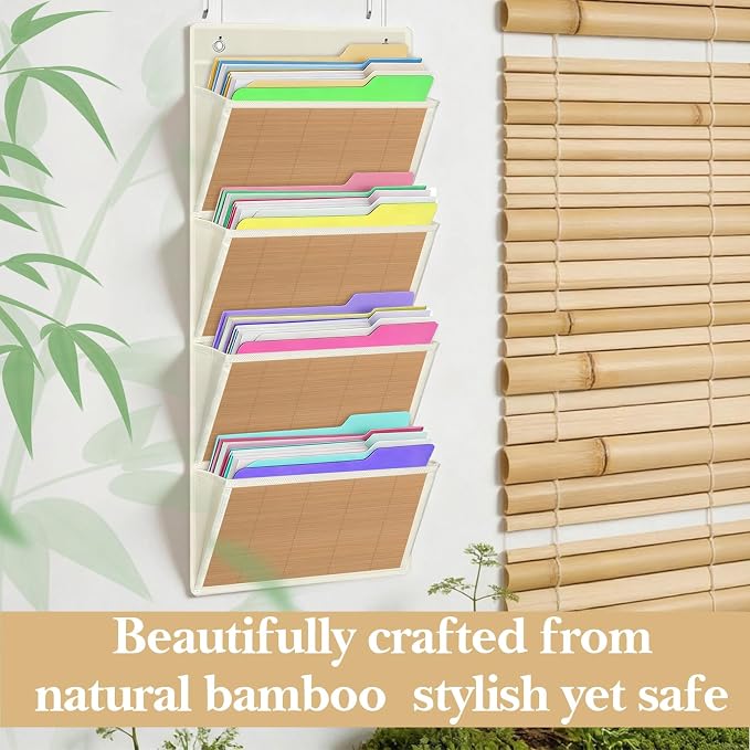 hanging wall file organizer, Over the door file folder organizer with 4 Large Bamboo Pockets, Suitable for Home, Office, Back to School Supplies Storage and Organization (Beige)