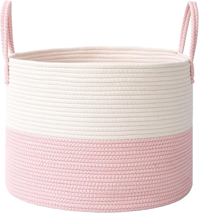 JMvicyroam 65L Extra Large Machine Washable Cotton Rope Blanket Basket | Collapsible laundry hamper, Reinforced handles, For blankets, pillows, toys and clothes, Living room and bedroom, White&Pink