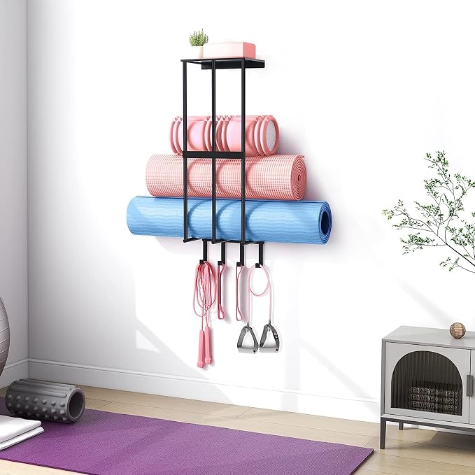 Camping Chair Wall Storage for Garage, Metal Camping Chair Storage Rack Wall Holder, Floating Shelf, 4 Hooks, Stainless Steel, Beach Chair Rack, Umbrella Holder, Garage Chair Organizer, Matte Black