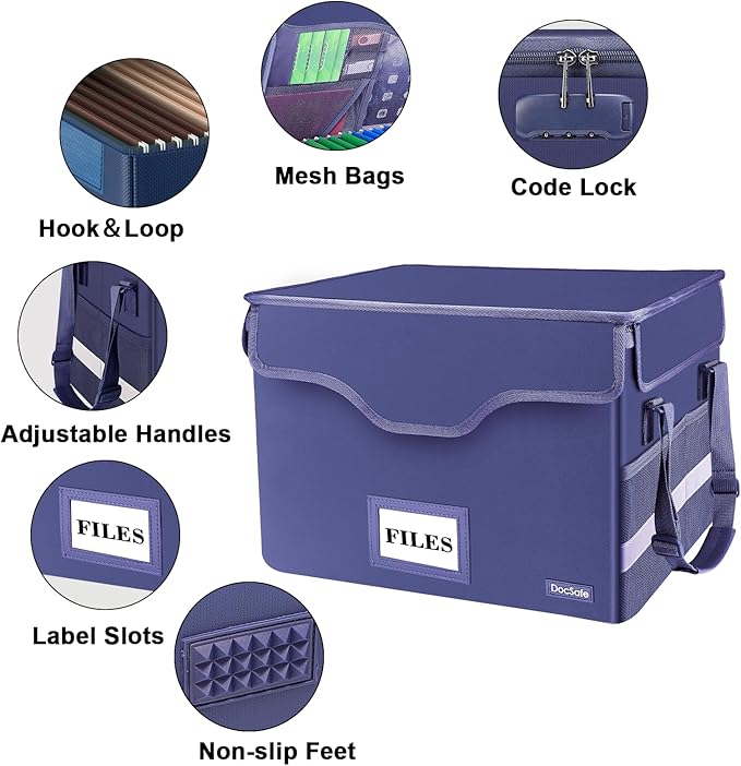 DocSafe Fireproof Document Box with Lock, File Storage Organizer with Mesh Pockets, Collapsible Portable File Box Home Office Safe Filing Cabinet with Handle for Hanging Letter/Legal Folder, Blue