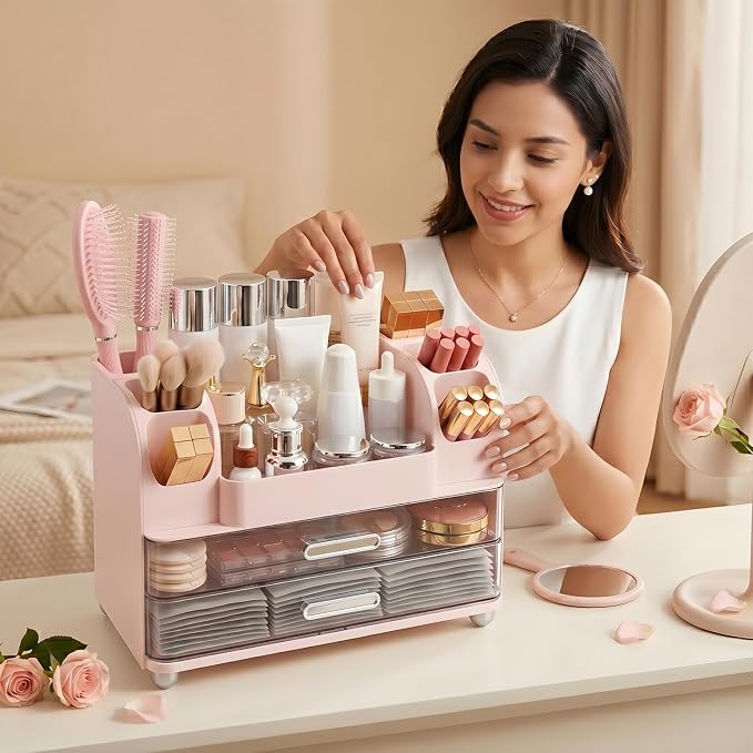 Makeup Organizer for Vanity with 2 Large Drawers and 6 Brush Holders, Pink | Large-Capacity Makeup Holder Keeps Skincare and Cosmetics Organized and Easy to Reach on Vanity or Bathroom Counters