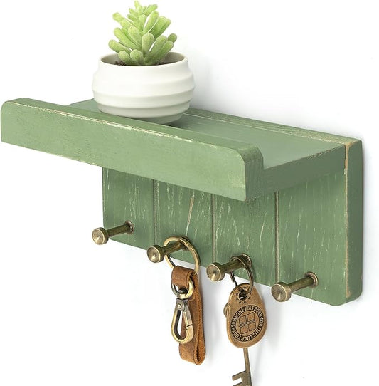 Rebee Vision Key Holder Wall Mount with 4 Key Hooks for Entryway, Green | Farmhouse Small Key Holder for Wall, Mail Sorter, Watch and Tie Hanging, Rustic Home Decor, Home Essentials, Compact Storage