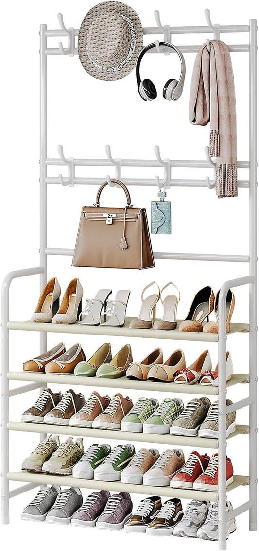 Coat Rack Shoe Rack With Storage Hooks Standing Organizer 4 Tier | Metal Freestanding Hall Tree for Clothes Hats bag Scarves Space Saving Design for Entryway Bedroom living Closet Office,White