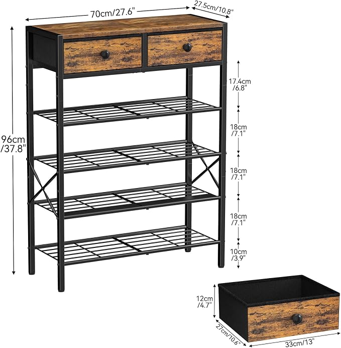 5 Tier Shoe Rack with 2 Drawers, 16-20 Pairs Rustic Brown | Holds 16-20 pairs. 2 drawers for socks/keys. Removable layer for boots. Anti-tip kit included. Quick assembly.