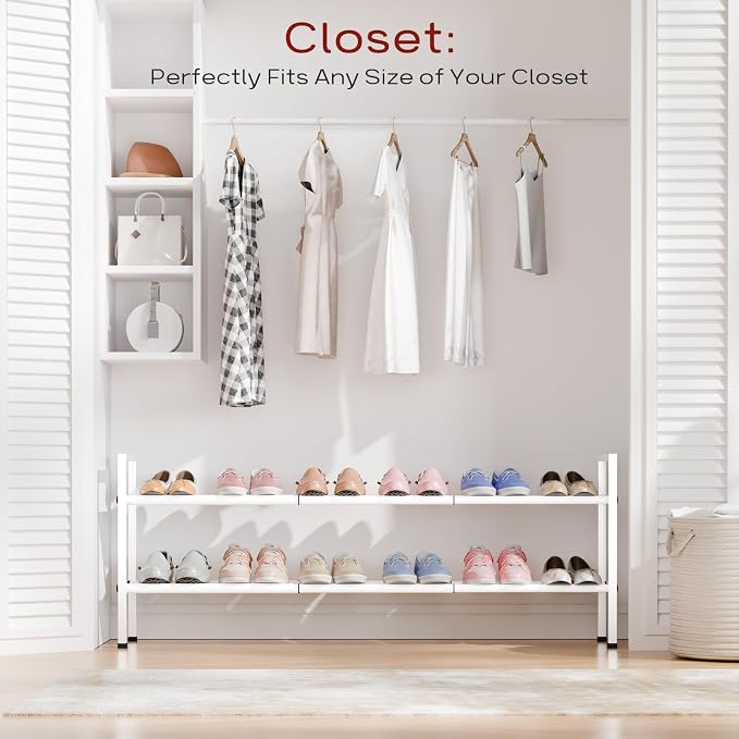Bumusty 2 Tier Long Expandable Shoe Rack for Closet, White | 18"-44" Adjustable Shoe Rack for Entryway, Shoe Organizer for Dorm, Front Door, Sturdy Metal