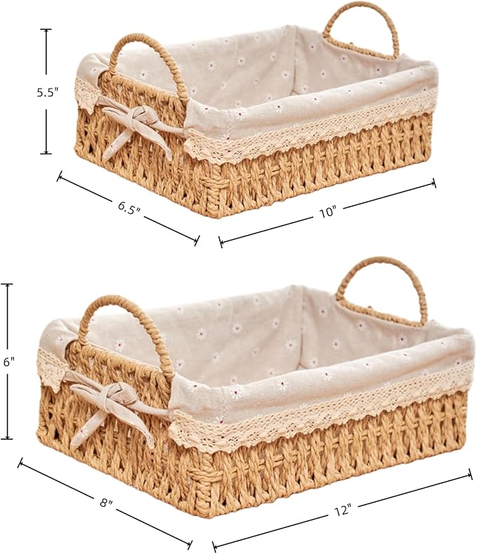GIB Small Wicker Storage Baskets for Organizing, Decorative Woven Baskets with Handles & Liners, Boho Paper Rope Rectangular Serving Baskets Trays for Shelves, Table, Gifts, Set of 2