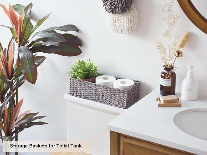 StorageWorks Bathroom Basket Organizer, Wicker Toilet Paper Basket, Gray | Long Narrow Wicker Baskets for Bathroom Decor, Paper Rope Toilet Tank Baskets for Tank Topper, 2 Pack