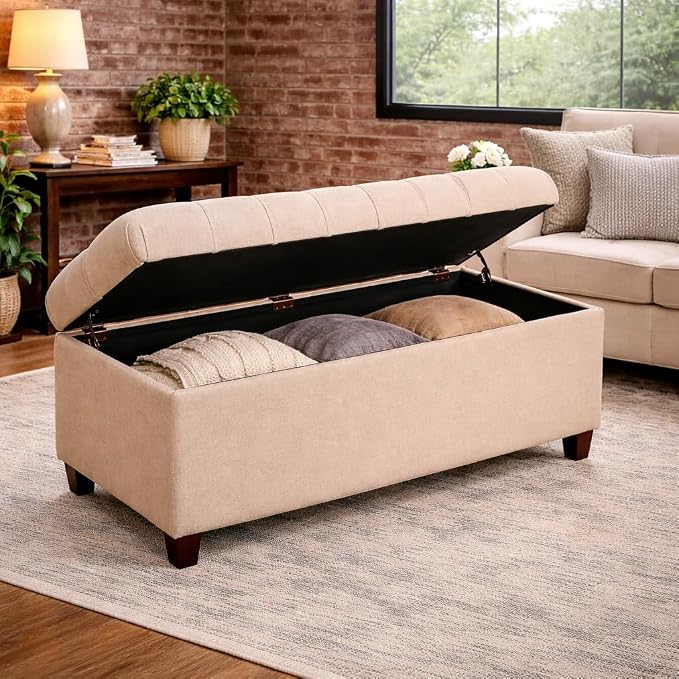 Homepop Home Decor | Tufted Ainsley Button Storage Ottoman Bench with Hinged Lid | Ottoman Bench with Storage for Living Room & Bedroom, Cream 18x40x18 inches
