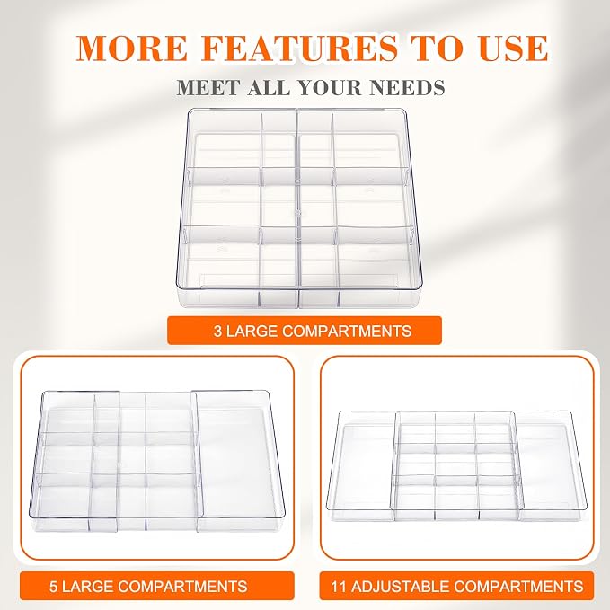 Briwooody 1 Pcs Large Expandable Acrylic Drawer Organizers, Grid Adjustable Drawer, Dividers Organizer for Desk, Makeup, Jewelry, Office, Kitchen Supplies (Clear,11 Compartments)