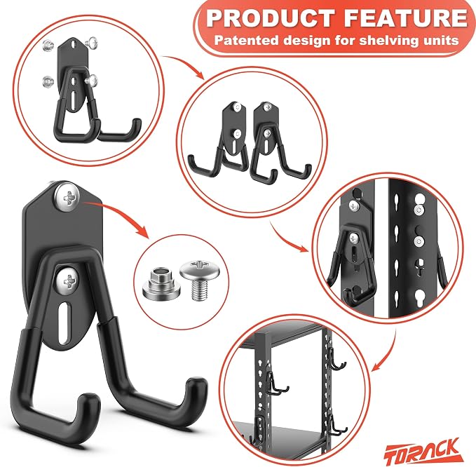 TORACK 15 PCS Garage Storage System Hooks, Shelving Hooks for Keyhole Shelving Units Wall Mount Utility Hooks for Tools, Ladders, Cords, Folding Chairs, Shovels and Rakes(Black)