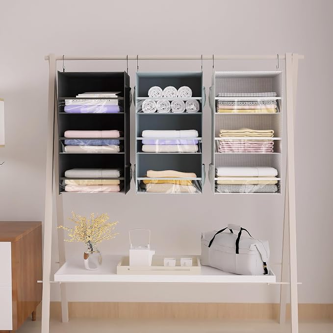 3 Shelf Hanging Closet Organizer Front Lip Design, Wider and Foldable Hanging Closet Wardrobe Storage Shelves with 4 Side Pockes, Clothes Handbag Shoes Accessories Storage, Gray