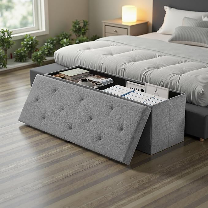 DUMOS 43 Inch Folding Storage Ottoman Bench, Large Ottoman with Storage | Storage Chest with Thicker Foam Padded Seat, End of Bed Foot Rest Stool for Bedroom Living Room Entryway, Load 660 lbs, Grey