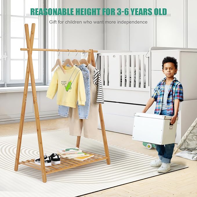 Jotsport Bamboo Kids Clothing Rack with Storage Shelf for Hanging Clothes | Small Child Garment Rack Toddler Wardrobe Closet for Play Room, Nursery, Baby Shower