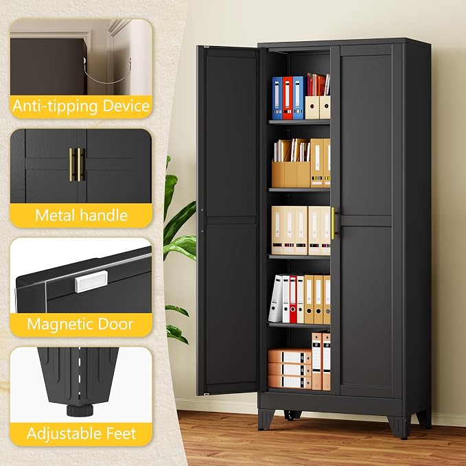 PAOFIN 71" Metal Storage Cabinet with 2 Doors and 4 Adjustable Shelves,Black Metal Garage Storage Cabinets, File Cabinet,Steel Tool Cabinets for Home,Office,Garage,School,Warehouse