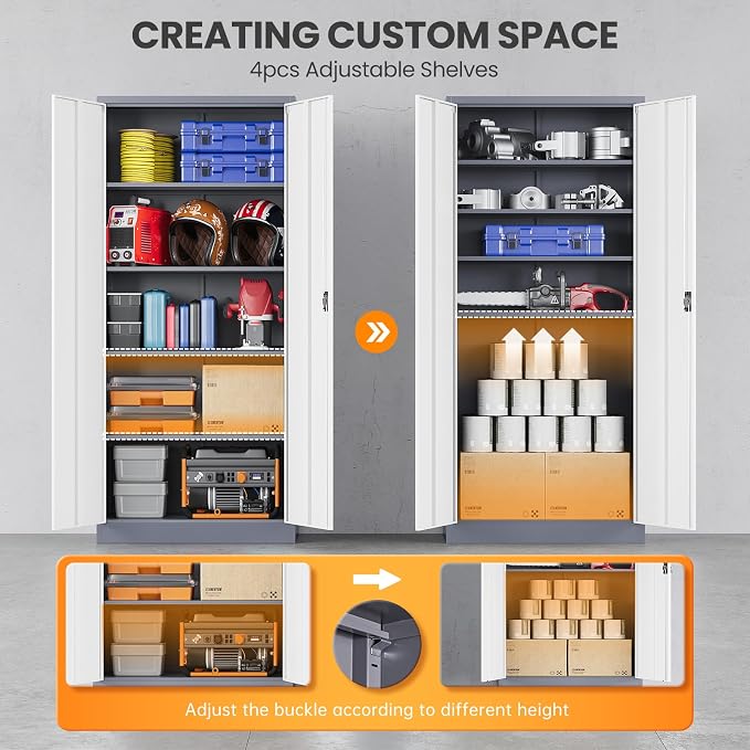 Metal Garage Storage Cabinets with Lock, 72" Tall Tool Cabinet with 2 Door and 4 Adjustable Shelves, Locking Garage Cabinets and Lockable Steel Locker for Home Office Warehouse-(Gray White-72”H)