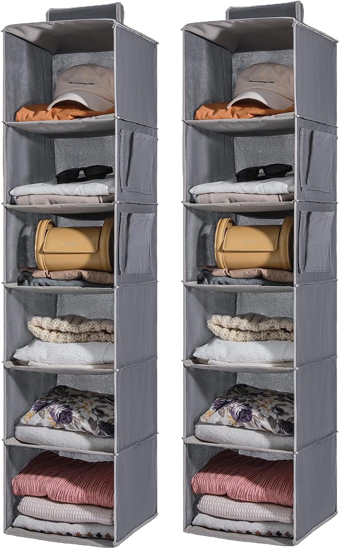 2 Packs Hanging Closet Organizer Storage, 6-Shelf Hanging Shelves for Closet, Closet Clothes Organizer and Storage with Side Pockets, Grey