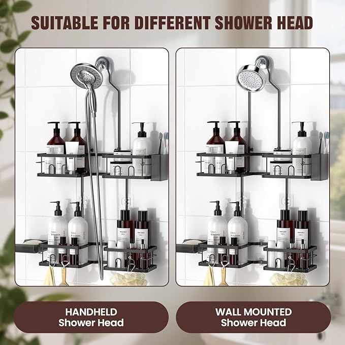 REINHARDT Adjustable Shower Caddy Hanging for Handheld Showerheads, Black | Patented Shower Organizer, Rustproof, 40lbs Capacity, Anti-Swing, Tool-Free, Suction Cups, 8 Hooks, Soap & Toothbrush Holder