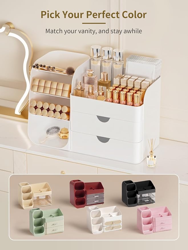 Booklov Small Makeup Organizer for Vanity Countertop, White | Plastic Cosmetic Display Case with Drawers, Beauty Brush Holder for Bathroom Counter, Skin Care Perfumes Storage