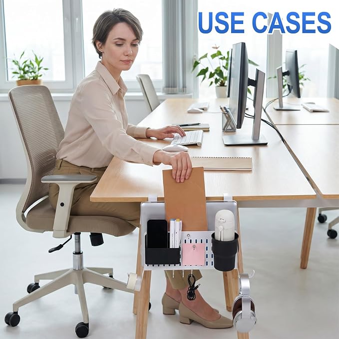 Desk Side Storage Organizer Set No Drill Under Desk Laptop Stand Organizer with Cup Pen Holder Headphone Hanger and Magnet Hook for Office Home Table Fits Edge 0.2" to 2.2"(Classic,White)
