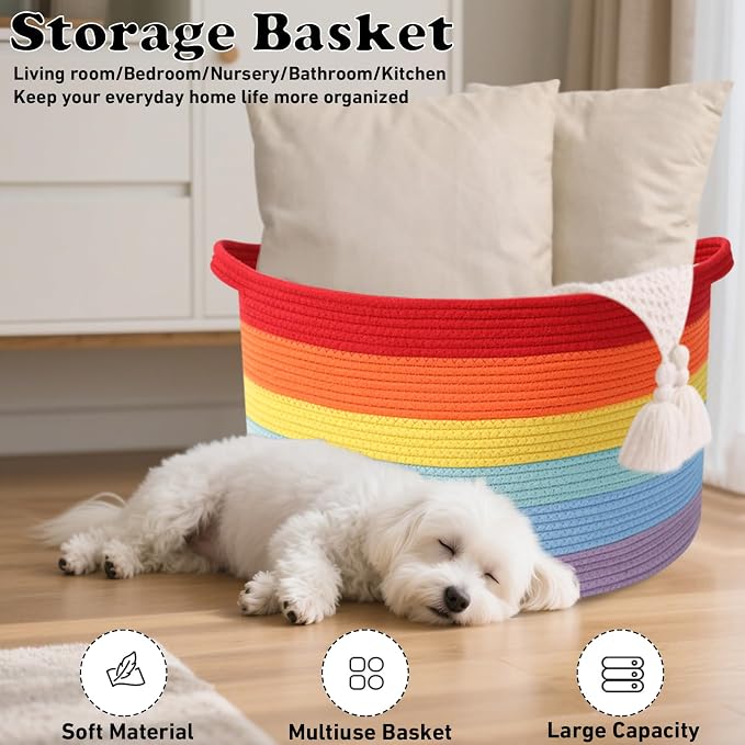 115L Large Blanket Basket,Rope Woven Laundry Basket-Rainbow | Collapsible, reinforced handles, nursery storage bin organizes clothes, toys and pillows for living room, bedroom bathroom