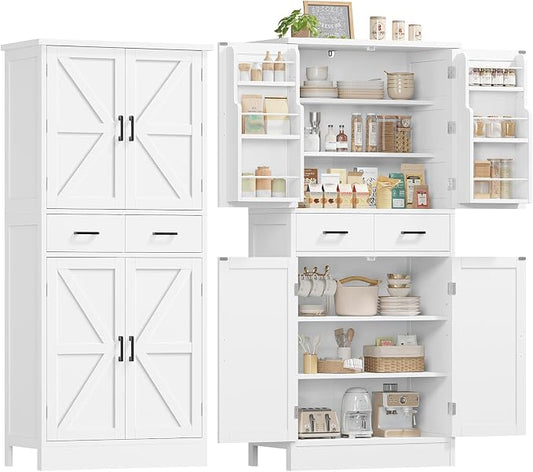TEENFON Farmhouse Pantry Cabinet, 66.9″H Tall Kitchen Storage Cabinet with Barn Doors, Adjustable Shelves & Drawer, Freestanding Cupboard for Kitchen, Dining Room, Living Room, Bathroom, White