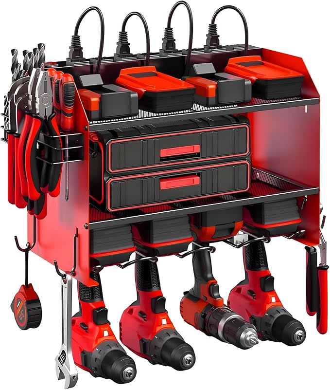 Modular Power Tool Organizer Wall Mount with Charging Station, 3-Layer Heavy Duty Drill Holder Rack & 8-Outlet Power Strip for Garage Workshop Storage