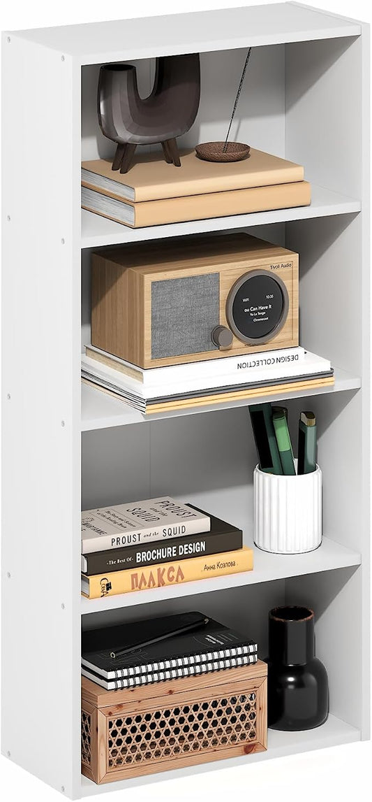 Furinno Basic Book Shelf, 4-Tier Bookcase with Open Shelf, Bookshelf, Cube Storage Organizer, 7 x 17 x 35, for Living Room, Bedroom, Home Office, White