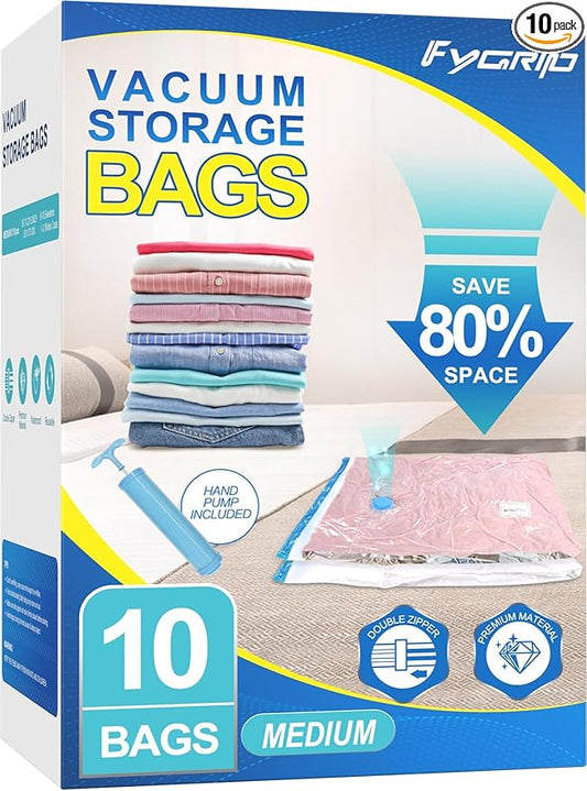 Fygrip Vacuum Storage Bags with Hand Pump, Plastic Packaging Bags, 80% Space Saver Vacuum Seal Bags for Clothing, Travel Lugggage, Blankets, Comforters, 10 Medium
