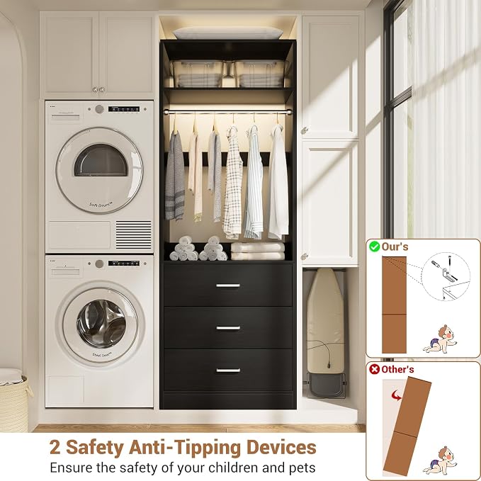 Besiost Closet System Set of 2, 4FT Closet Systems with 6 Wood Drawers, 48" Closet Organizer System with 2 Hanging Rods & 2 Shelves, Heavy Duty 48 Inch Walk-in Closet, Black (48"L x 15" W x 80" H)