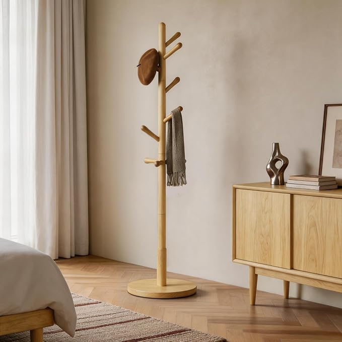 Solid Wood Coat Rack Freestanding with 9 Hooks - Wooden Coat Rack Stand for Entryway, Bedroom, Living Room, Hallway for Coats, Handbags, Hat (Natural)