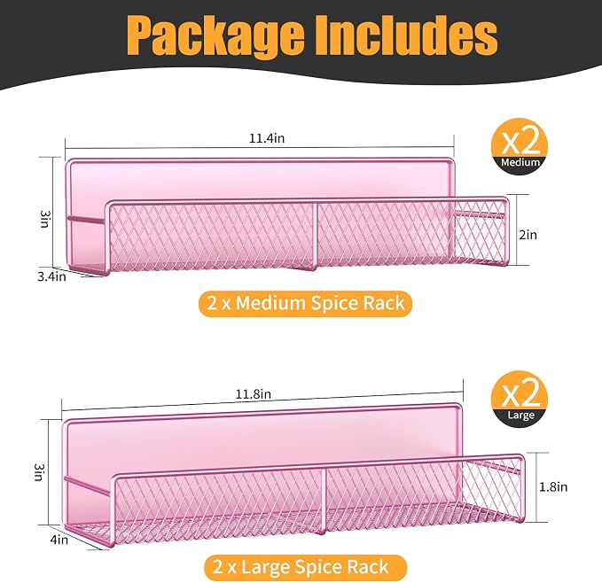 DTUQYX Magnetic Spice Rack for Refrigerator, 4 Pack 100% Metal Strong Magnet Fridge Shelves, Space Saving Spice Organizer, No Drilling Moveable Home Kitchen Laundry Room Storage Organization, Pink