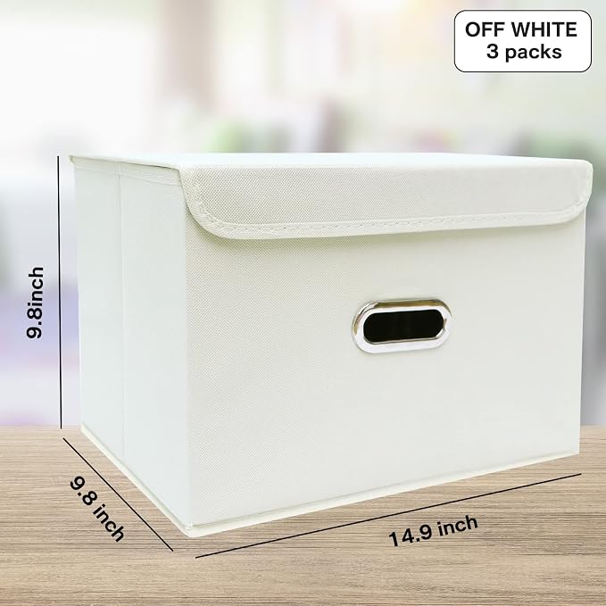 Linen Fabric Foldable Collapsible Storage Cube Bin Organizer Basket Fabric Storage Bins with Lid, Leather Handles, Removable Divider for Home, Closet, Creamy-White