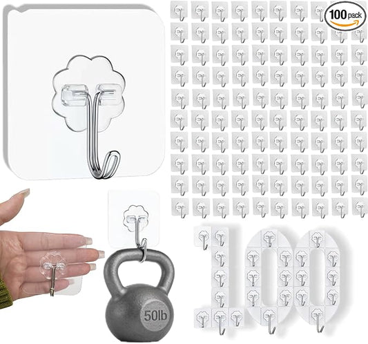 DDMY 100 Pack Heavy Duty Self Adhesive Hooks 50 lbs Transparent Reusable Sticky Wall Hooks for Hanging Waterproof Adhesive Hooks for Kitchen, Towel, Bathroom Shower, Office, and Outdoor No Damage