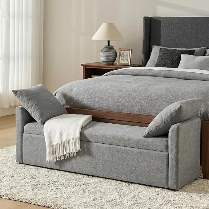HULALA HOME 59" Storage Bench with 2 Throw Pillows & Armrests, Grey | Modern Long Bedroom Bench for End of Bed, Comfy Upholstered Fabric Footstool for Entryway Living Room