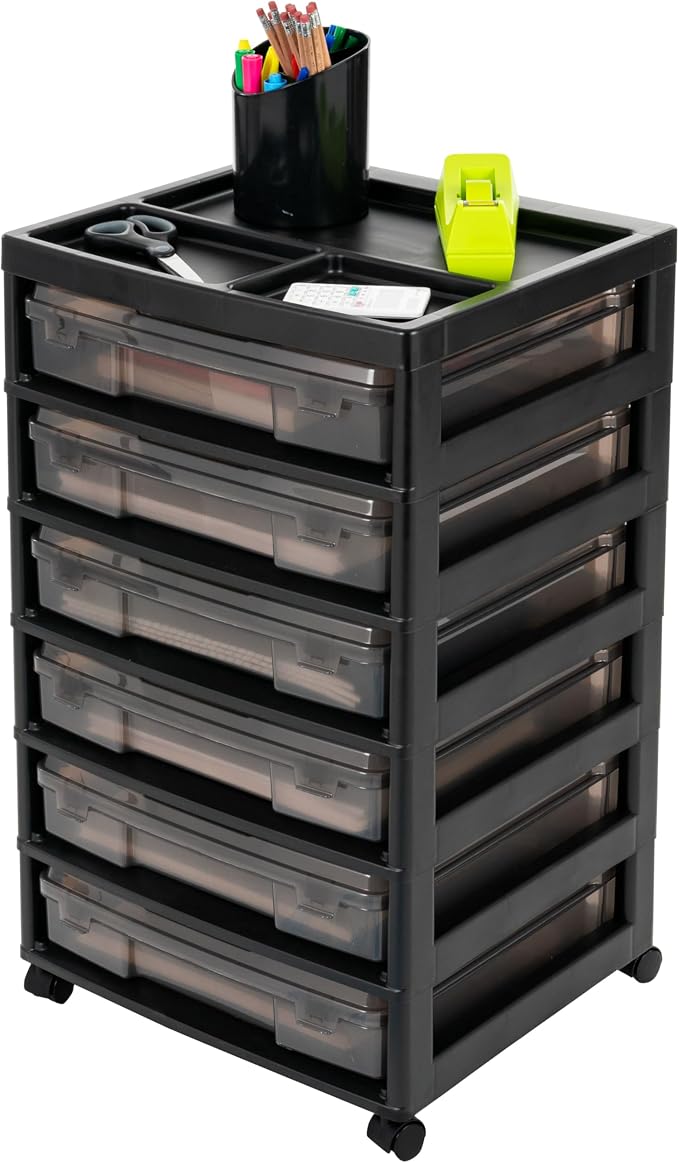 IRIS USA Rolling Cart with Drawers |Made in USA| 6-Tier Cases - Black/Gray | Fits 12"x12" Paper, Built-In Handles, Storage Unit with Supply Top for Craft, Art, Office Supplies, Pens & Pencils