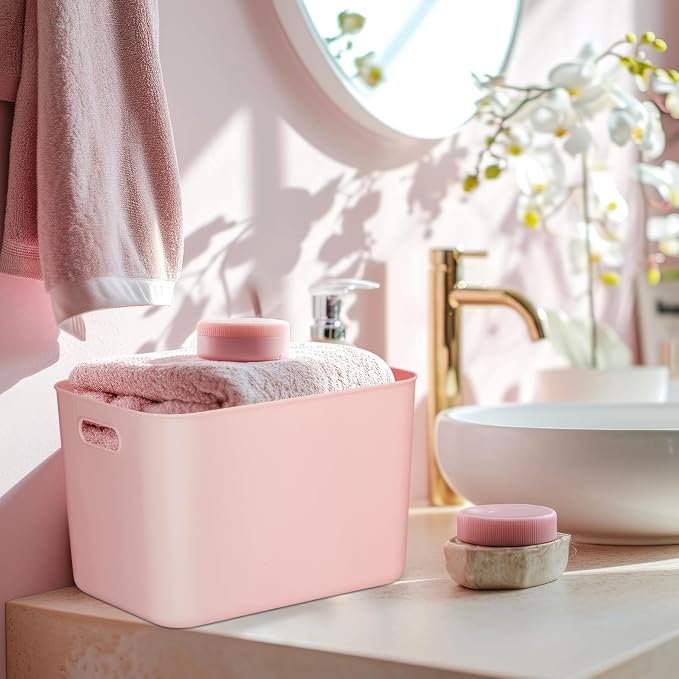 8 Pieces Colorful Storage Bins with Lid, Plastic Storage Basket Organizing Container Stackable Box with Handle for Shelves Desktop Playroom Office(14.2 x 10.2 x 9.5 Inch,White and Pink)