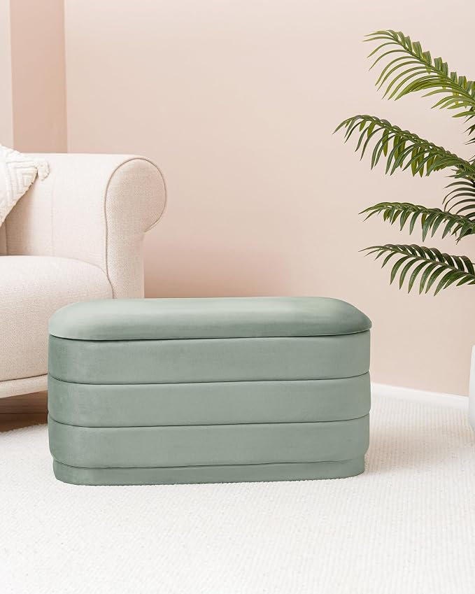 B FSOBEIIALEO Velvet Storage Ottoman with Tray, Folding Ottoman with Storage Coffee Table Shoes Bench for Dorm Room, Living Room Sage, 30"x15"x15"