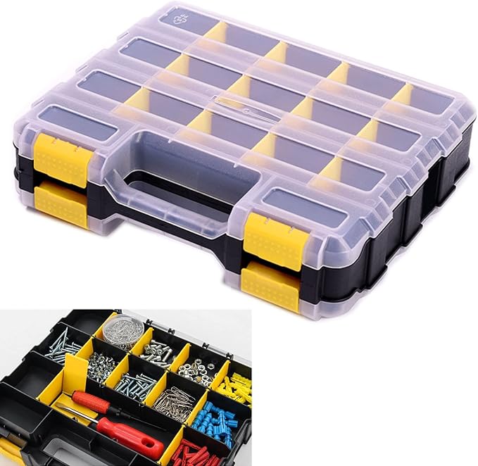 Tools Organizer Box Small Parts Storage Box 34-Compartment Double Side Hardware Organizers with Removable Plastic Dividers for Screws, Nuts, Nails, Bolts