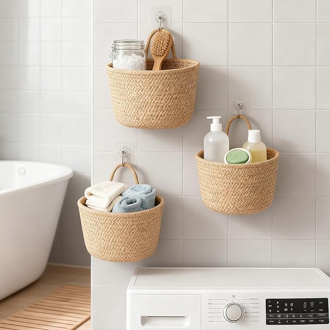 5 Pcs Woven Wall Hanging Baskets, Boho Storage Organizers Fabric Pouches Wall Mounted Bag for Home Office Living Room Decor, Brown