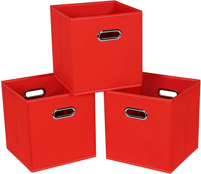 Fabric Cloth Storage Bins,Fabric Cube Bins Organizer with Dual Handles Foldable Cube Storage Baskets for Home Bedroom Storage,Set of 3,(Red)