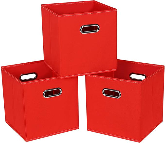 Fabric Cloth Storage Bins,Fabric Cube Bins Organizer with Dual Handles Foldable Cube Storage Baskets for Home Bedroom Storage,Set of 3,(Red)