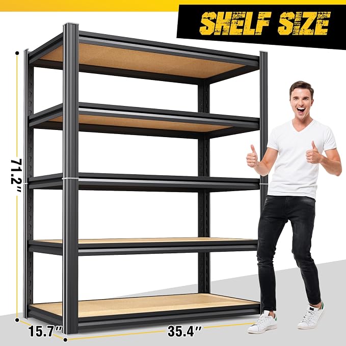 5-Pack Heavy Duty Garage Shelving for Whole Home, Warehouse & Workshop Organization, 71" H x 35" W x 15.7" D Adjustable 5-Tier Metal Storage Rack for Tools, Storage Bins & Bulk Items