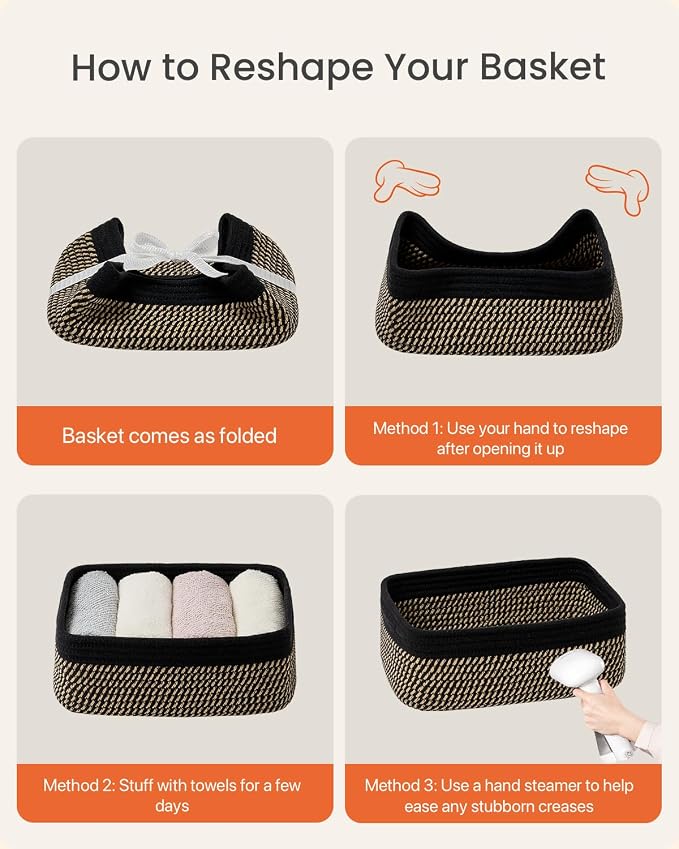 KALLAX Small Woven Storage Basket for Organizing, 12 x 8 x 4.5 inch, 3 Pack | Shelf baskets for closet organization, toy storage and home decor, Perfect as empty gift baskets for holidays, Black & Brown