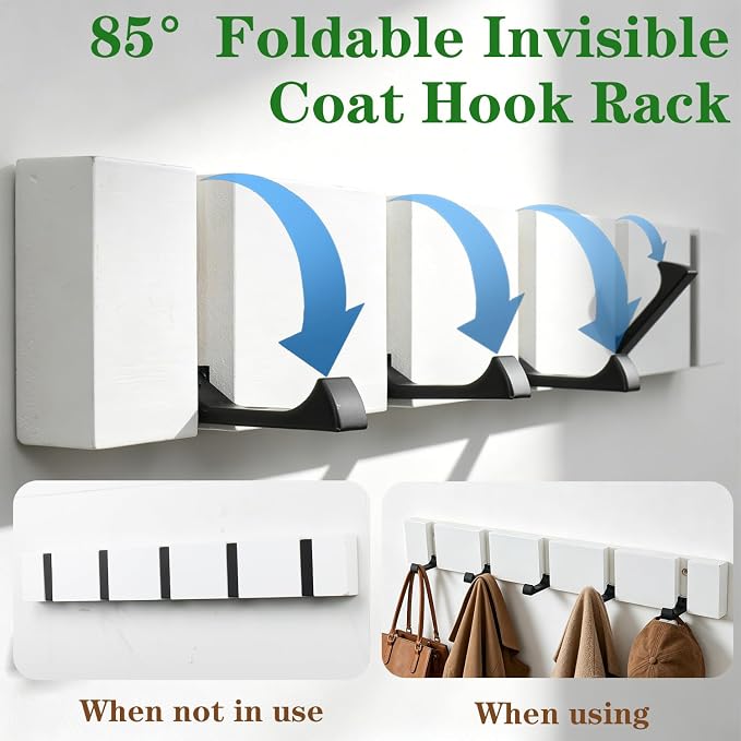 Wall Mounted Coat Rack, Heavy Duty Folding Coat Hooks Wood Retractable Wall Hooks for Hanging Purse Clothes Keys, Towel Hooks Rack for Bathroom Wall Coat Hanger for Entryway (5 Hooks,White)