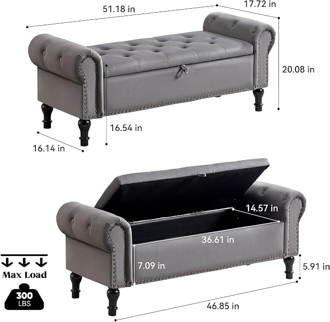 51" Storage Bench for Bedroom, Velvet End of Bed Bench, Queen Size Bench with Rolled Arms, Tufted Storage Ottoman Benches, Upholstered Bench for Bedroom, Living Room, Entryway, Grey
