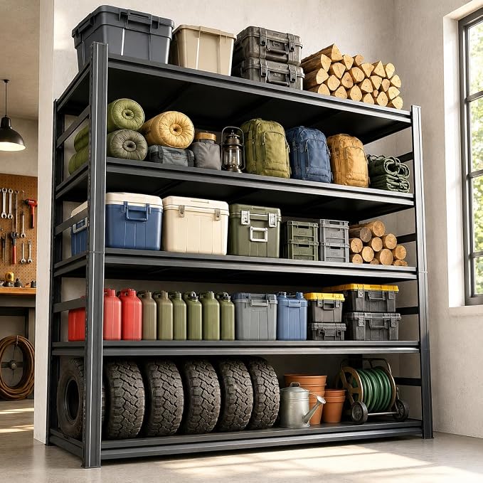 Garage Shelving, Heavy Duty Adjustable Boltless Metal Storage Shelves | 2400 LBS metal shelving with Adjustable Industrial Steel Rack for garage, basement, pantry, kitchen and warehouse storage