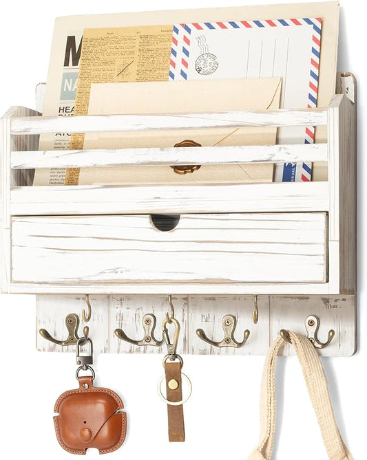 Rebee Vision Mail Organizer Wall Mount with Drawer for Entryway, Whitewash | Key and Mail Holder for Wall, 7 Key Hooks, Drawer Storage, Mail Sorter, Key Hanger Home Organization, Apartment Essentials